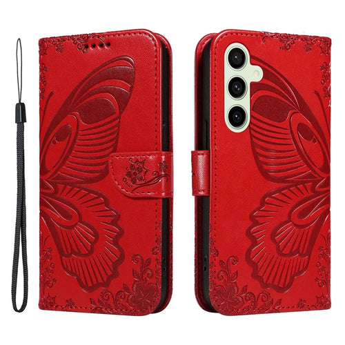 For Samsung Galaxy S24 FE Case Stand PU Leather Wallet Phone Cover Butterfly Pattern - Red - 1