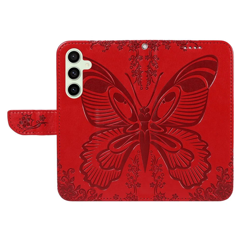 For Samsung Galaxy S24 FE Case Stand PU Leather Wallet Phone Cover Butterfly Pattern - Red - 2