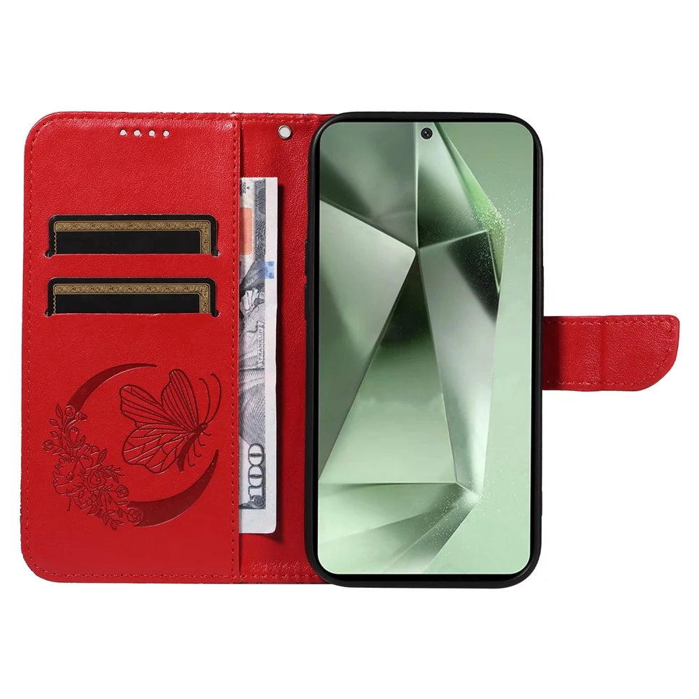 For Samsung Galaxy S24 FE Case Stand PU Leather Wallet Phone Cover Butterfly Pattern - Red - 3