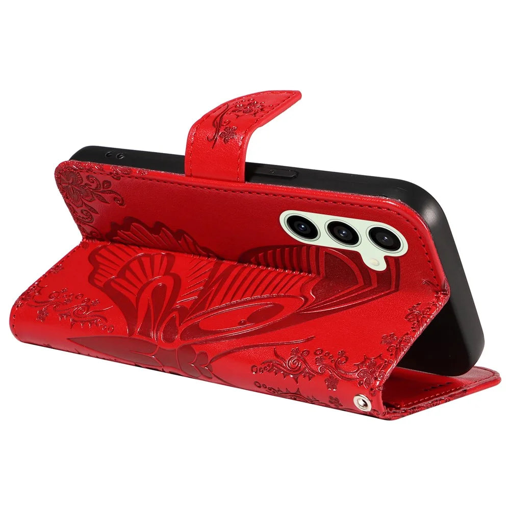 For Samsung Galaxy S24 FE Case Stand PU Leather Wallet Phone Cover Butterfly Pattern - Red - 5