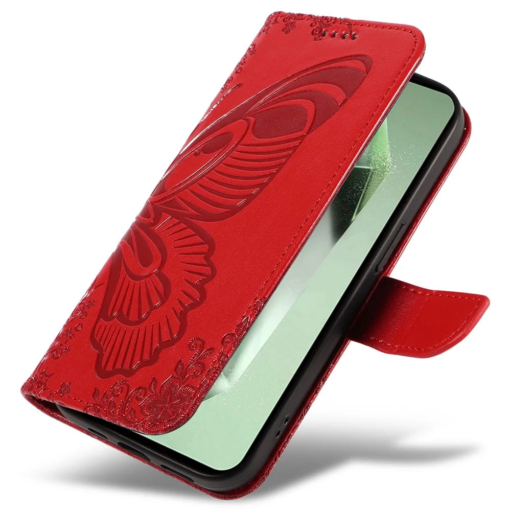 For Samsung Galaxy S24 FE Case Stand PU Leather Wallet Phone Cover Butterfly Pattern - Red - 6