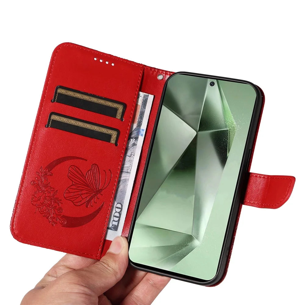 For Samsung Galaxy S24 FE Case Stand PU Leather Wallet Phone Cover Butterfly Pattern - Red - 7