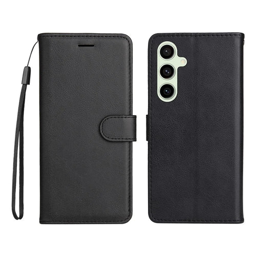 For Samsung Galaxy S24 FE Case Solid Color Leather Mobile Cover Wallet Stand with Strap - Black - 1