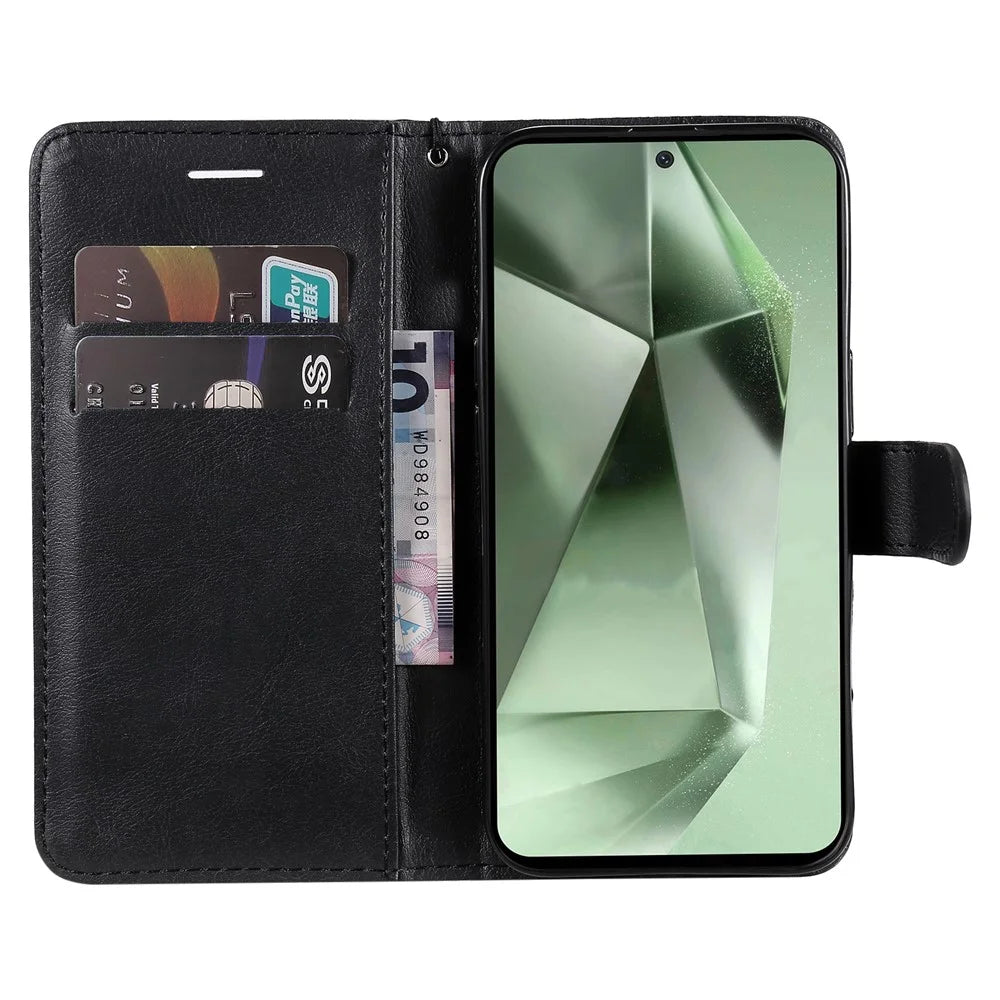 For Samsung Galaxy S24 FE Case Solid Color Leather Mobile Cover Wallet Stand with Strap - Black - 2