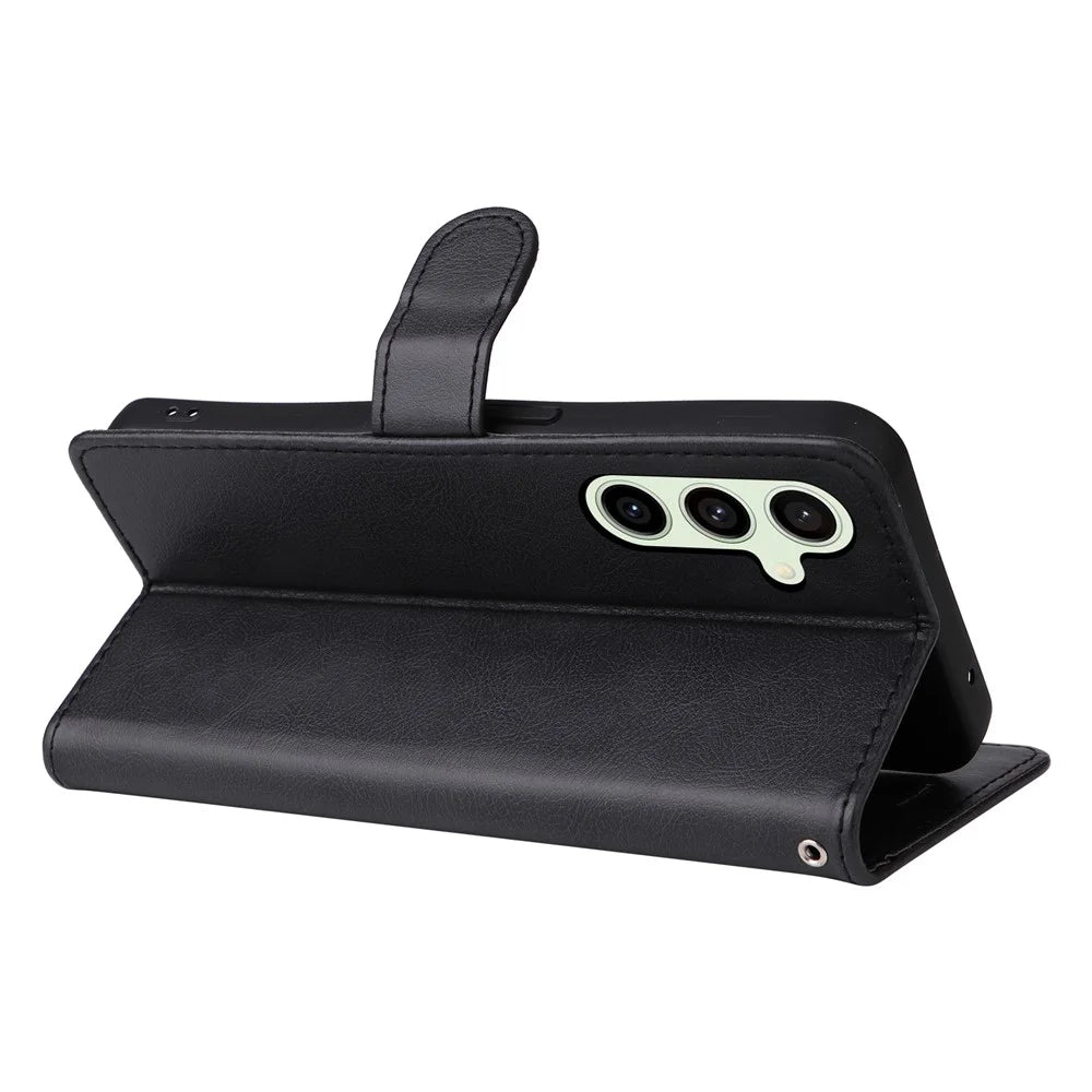 For Samsung Galaxy S24 FE Case Solid Color Leather Mobile Cover Wallet Stand with Strap - Black - 3