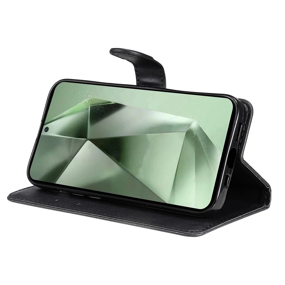 For Samsung Galaxy S24 FE Case Solid Color Leather Mobile Cover Wallet Stand with Strap - Black - 4