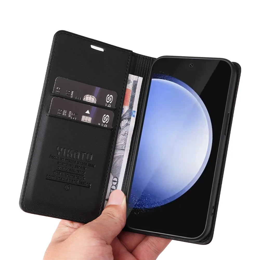 YIKATU YK-001 For Samsung Galaxy S24 FE Case Stand Magnetic Absorption Leather Phone Cover - Black - 6