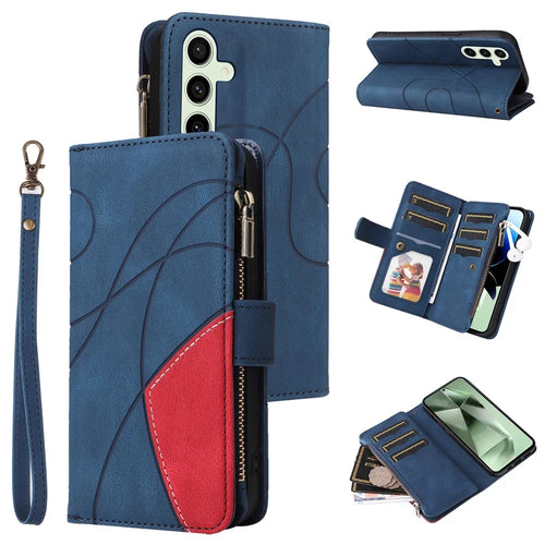 For Samsung Galaxy S24 FE Leather Case with Strap Zipper 9 Card Slot Phone Cover Stand - Blue - 1