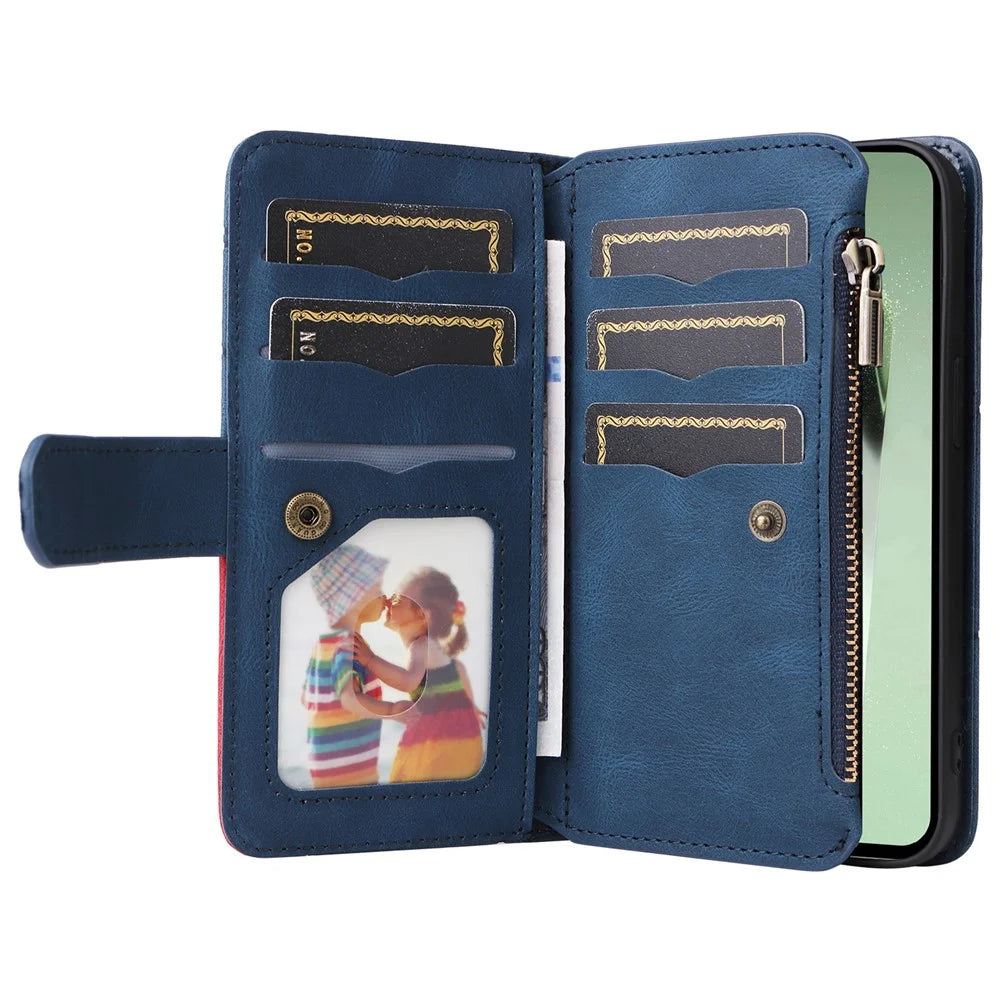For Samsung Galaxy S24 FE Leather Case with Strap Zipper 9 Card Slot Phone Cover Stand - Blue - 2