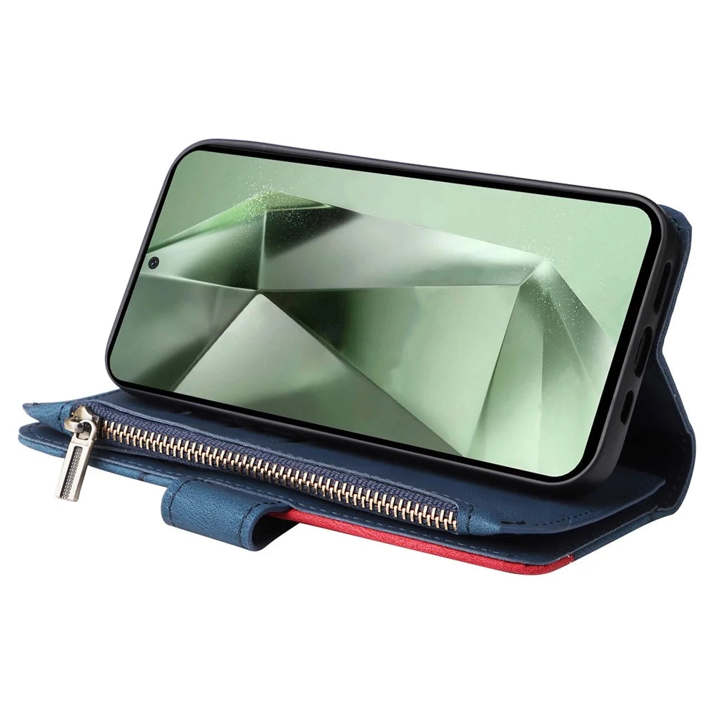For Samsung Galaxy S24 FE Leather Case with Strap Zipper 9 Card Slot Phone Cover Stand - Blue - 3