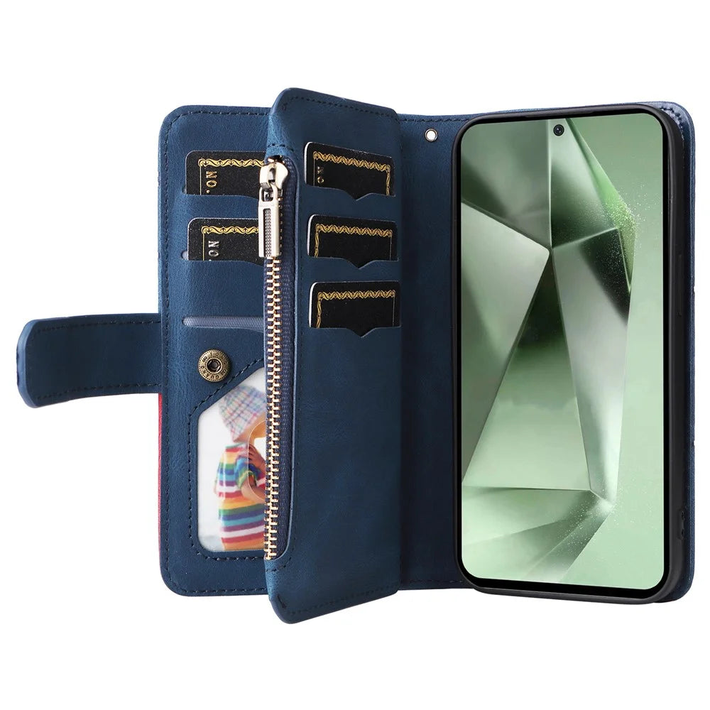 For Samsung Galaxy S24 FE Leather Case with Strap Zipper 9 Card Slot Phone Cover Stand - Blue - 4