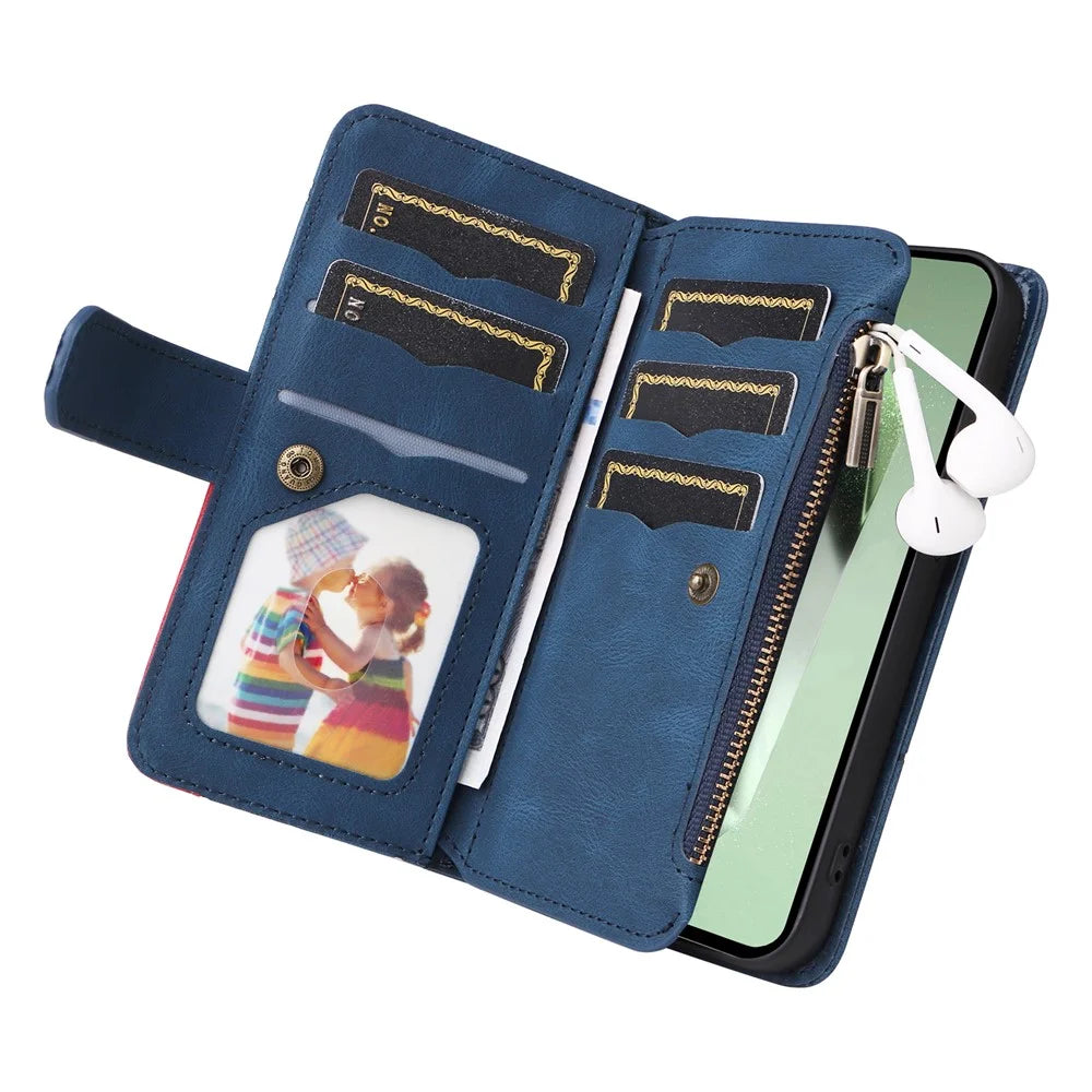For Samsung Galaxy S24 FE Leather Case with Strap Zipper 9 Card Slot Phone Cover Stand - Blue - 5
