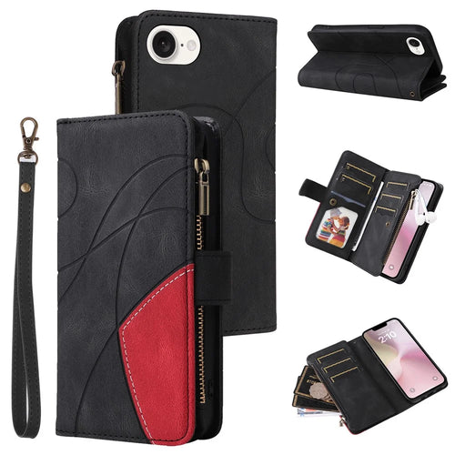 For iPhone 17e / 16e Leather Case with Strap Zipper 9 Card Slot Phone Cover Stand - Black - 1