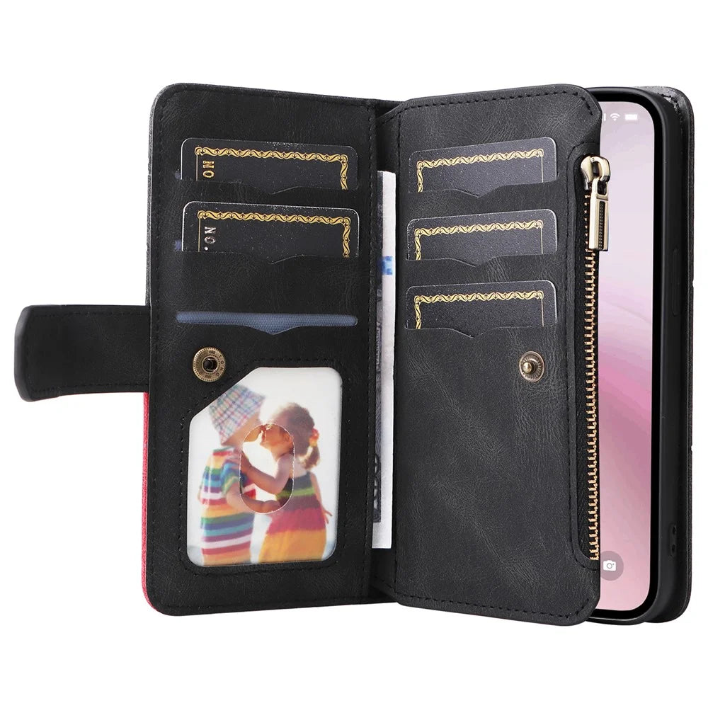 For iPhone 17e / 16e Leather Case with Strap Zipper 9 Card Slot Phone Cover Stand - Black - 2