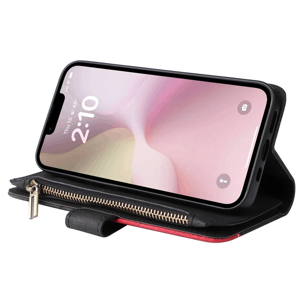 For iPhone 17e / 16e Leather Case with Strap Zipper 9 Card Slot Phone Cover Stand - Black - 3