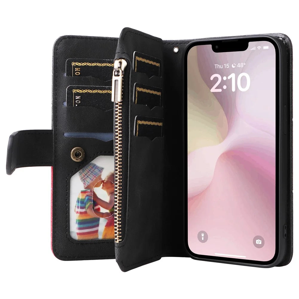For iPhone 17e / 16e Leather Case with Strap Zipper 9 Card Slot Phone Cover Stand - Black - 4