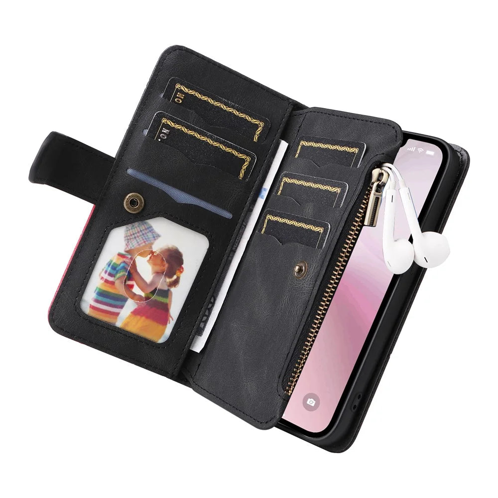 For iPhone 17e / 16e Leather Case with Strap Zipper 9 Card Slot Phone Cover Stand - Black - 5