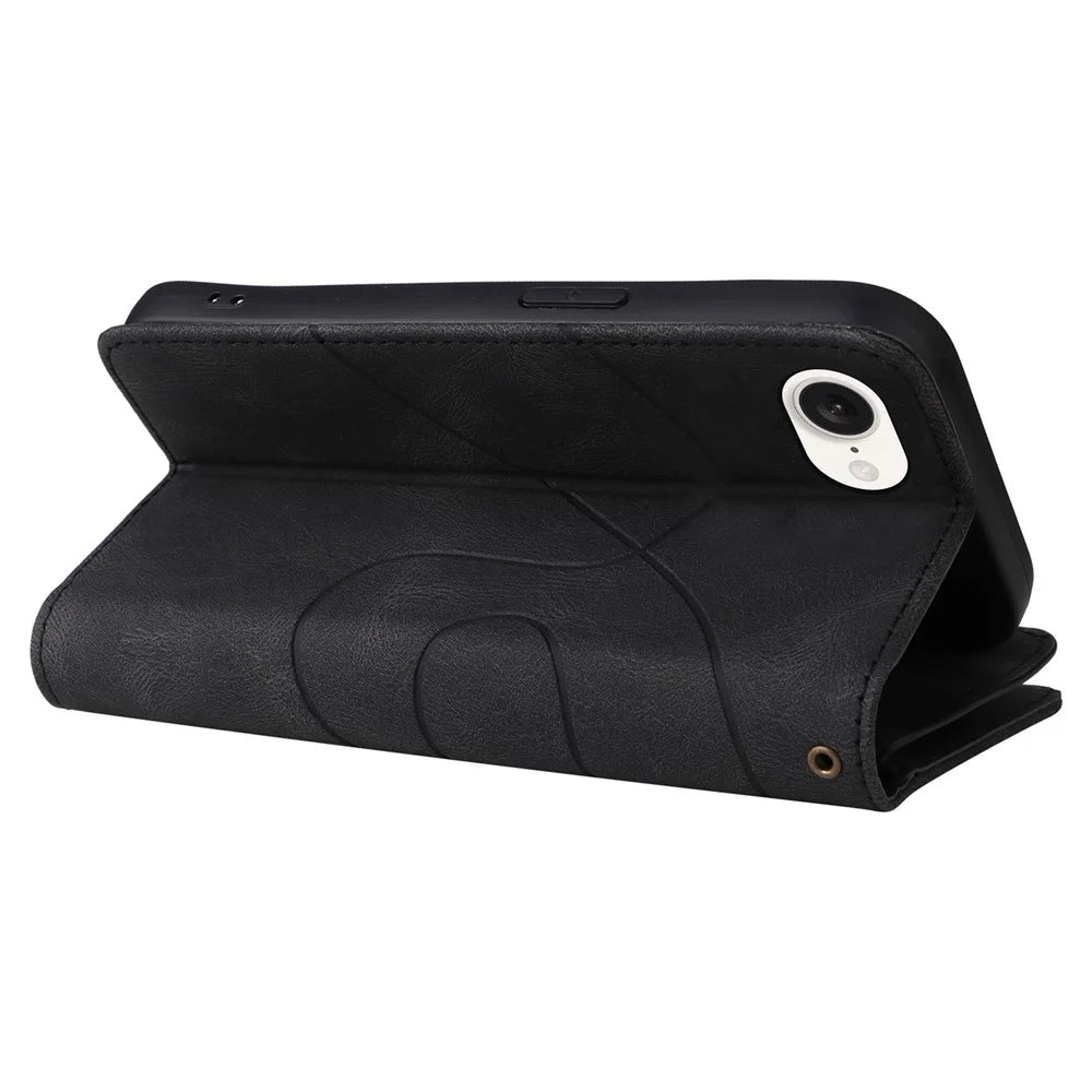 For iPhone 17e / 16e Leather Case with Strap Zipper 9 Card Slot Phone Cover Stand - Black - 6