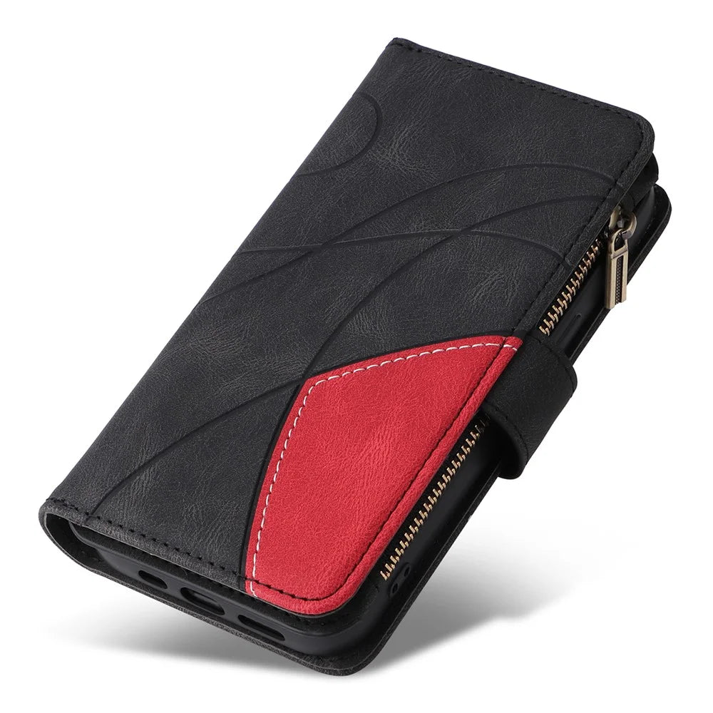 For iPhone 17e / 16e Leather Case with Strap Zipper 9 Card Slot Phone Cover Stand - Black - 7