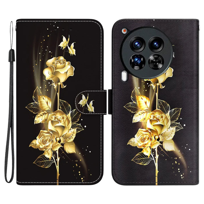 For TECNO Camon 30 Premier 5G Stand Wallet Case Pattern Print Leather Phone Cover - Gold Butterfly Rose - 1