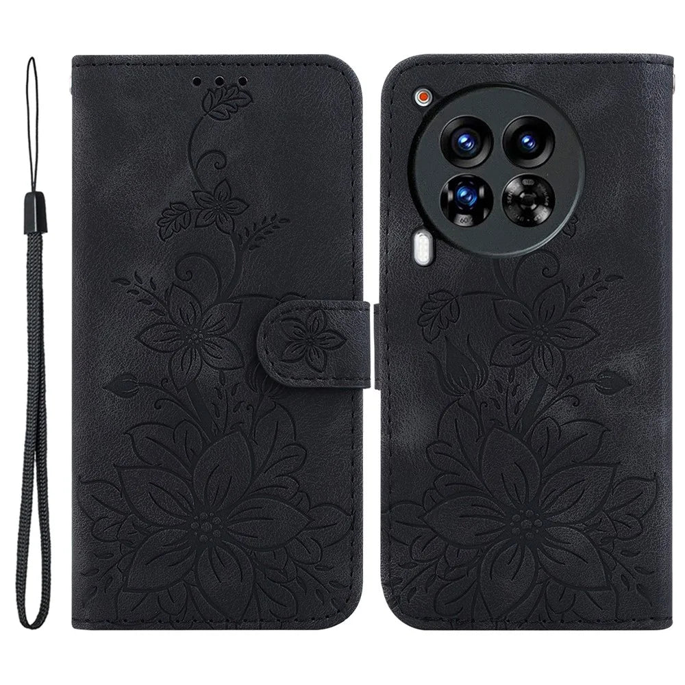 For TECNO Camon 30 Premier 5G Wallet Case Lily Imprint Anti-Drop Leather Phone Cover - Black - 1