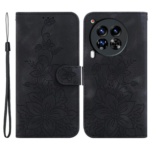 For TECNO Camon 30 Premier 5G Wallet Case Lily Imprint Anti-Drop Leather Phone Cover - Black - 1