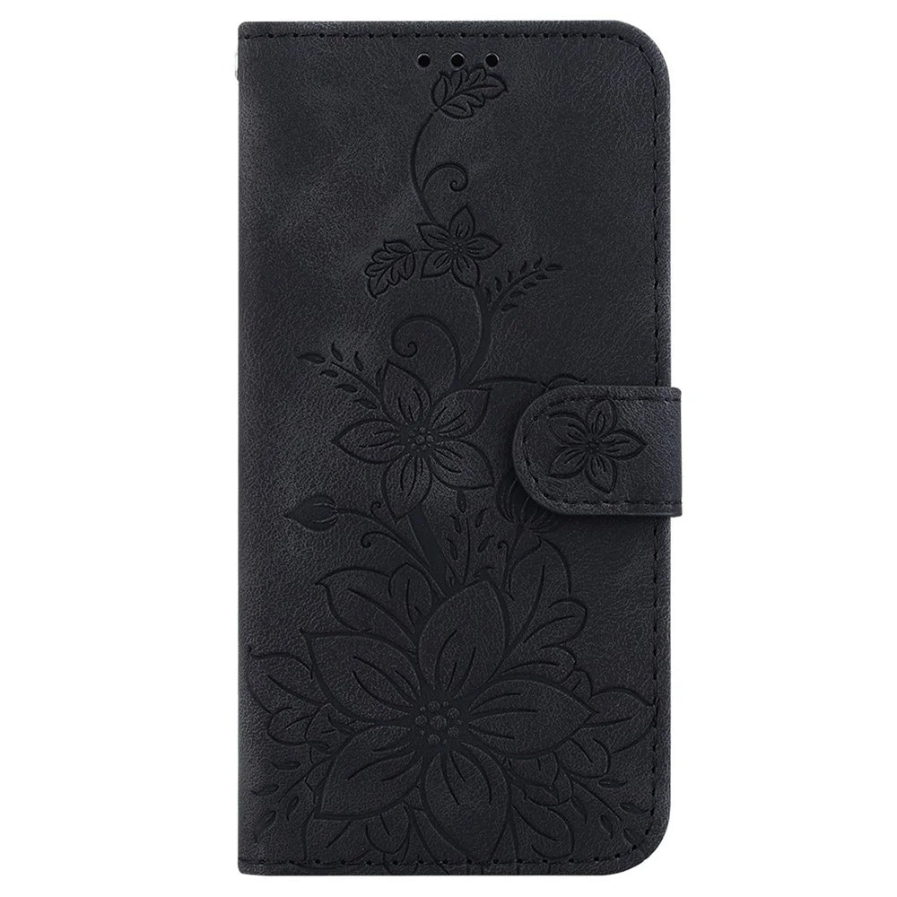For TECNO Camon 30 Premier 5G Wallet Case Lily Imprint Anti-Drop Leather Phone Cover - Black - 6