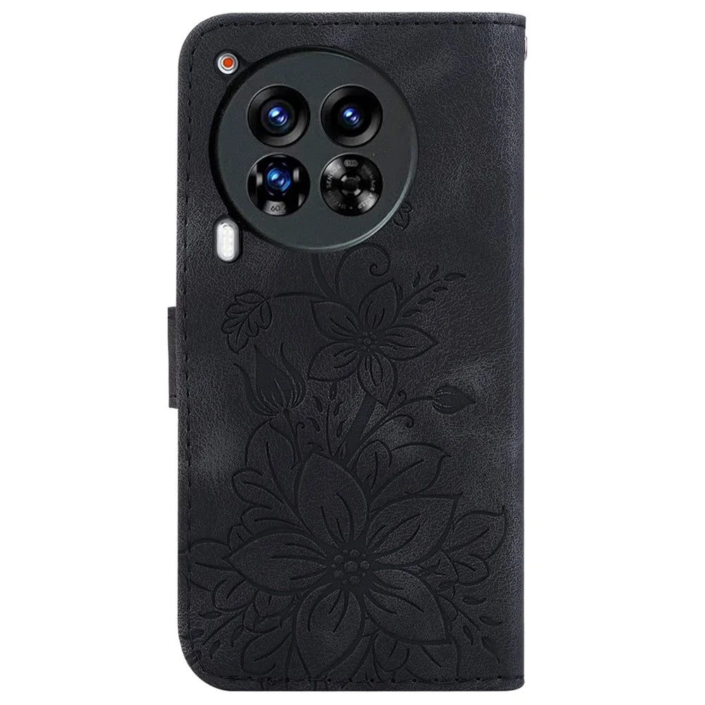 For TECNO Camon 30 Premier 5G Wallet Case Lily Imprint Anti-Drop Leather Phone Cover - Black - 7