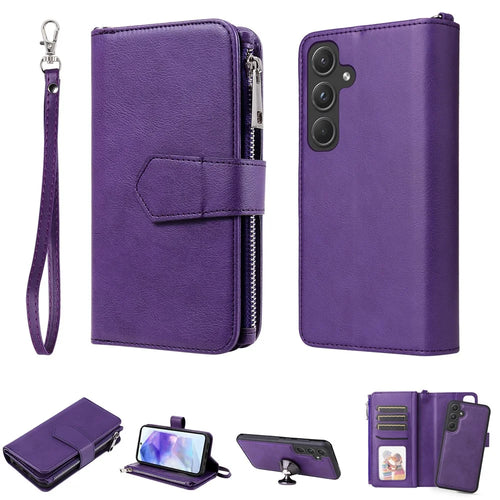 For Samsung Galaxy A55 5G Magnetic Leather Case Mobile Cover with Detachable Zipper Wallet Strap - Purple - 1