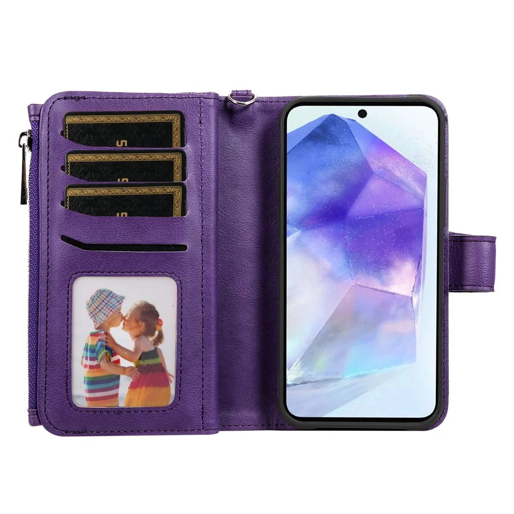 For Samsung Galaxy A55 5G Magnetic Leather Case Mobile Cover with Detachable Zipper Wallet Strap - Purple - 2