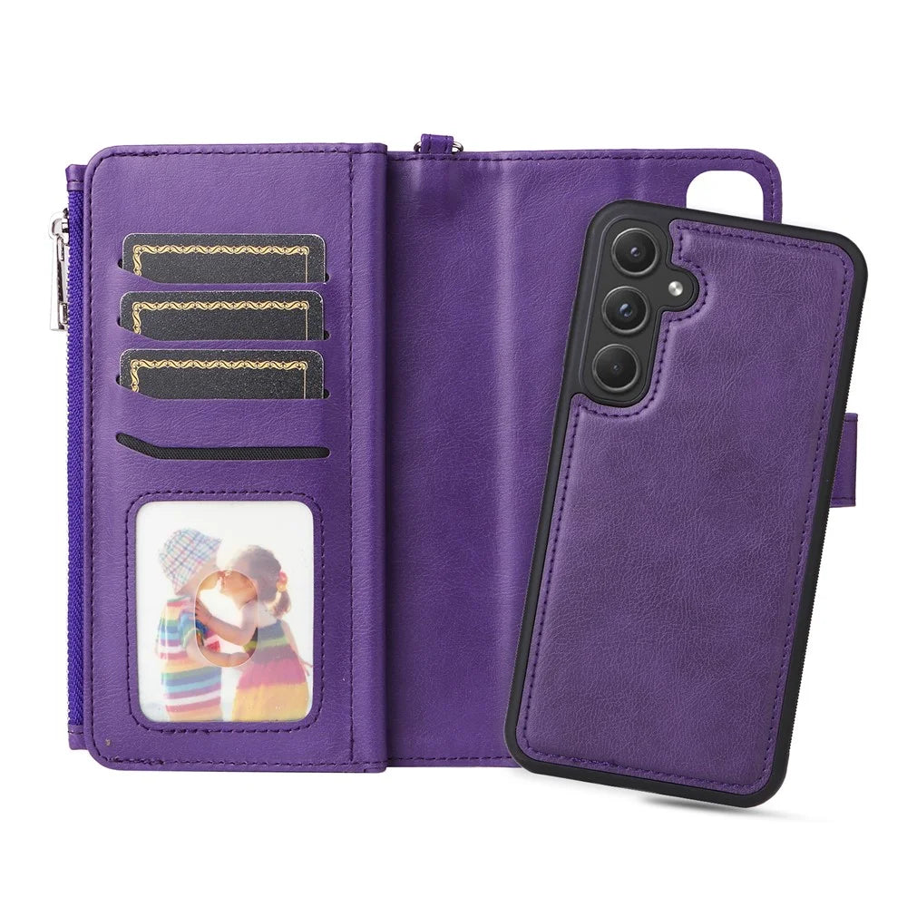 For Samsung Galaxy A55 5G Magnetic Leather Case Mobile Cover with Detachable Zipper Wallet Strap - Purple - 4