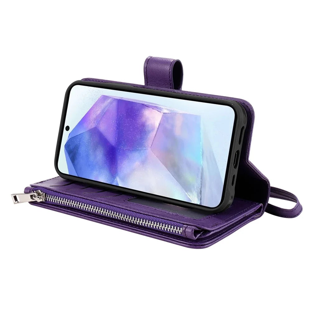 For Samsung Galaxy A55 5G Magnetic Leather Case Mobile Cover with Detachable Zipper Wallet Strap - Purple - 5