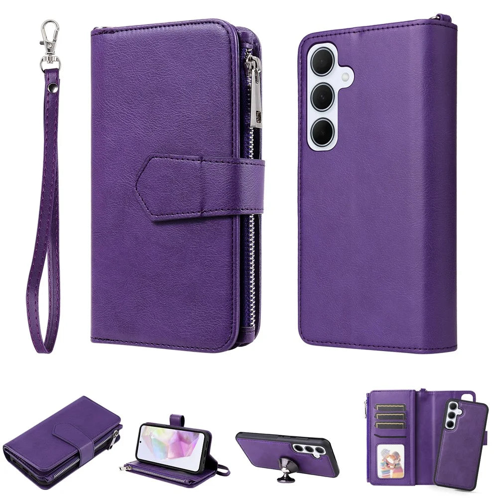 For Samsung Galaxy A35 5G Magnetic Leather Case Mobile Cover with Detachable Zipper Wallet Strap - Purple - 1