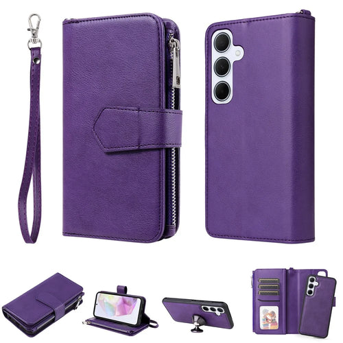 For Samsung Galaxy A35 5G Magnetic Leather Case Mobile Cover with Detachable Zipper Wallet Strap - Purple - 1