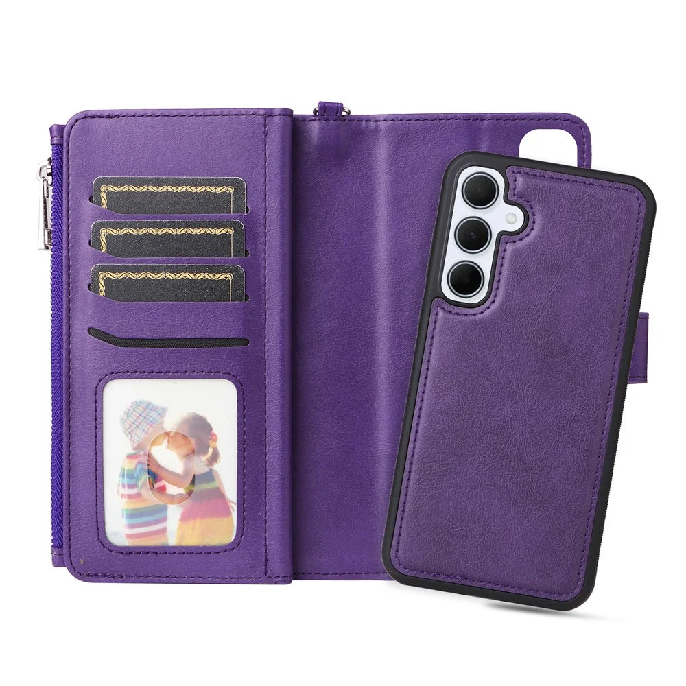 For Samsung Galaxy A35 5G Magnetic Leather Case Mobile Cover with Detachable Zipper Wallet Strap - Purple - 4