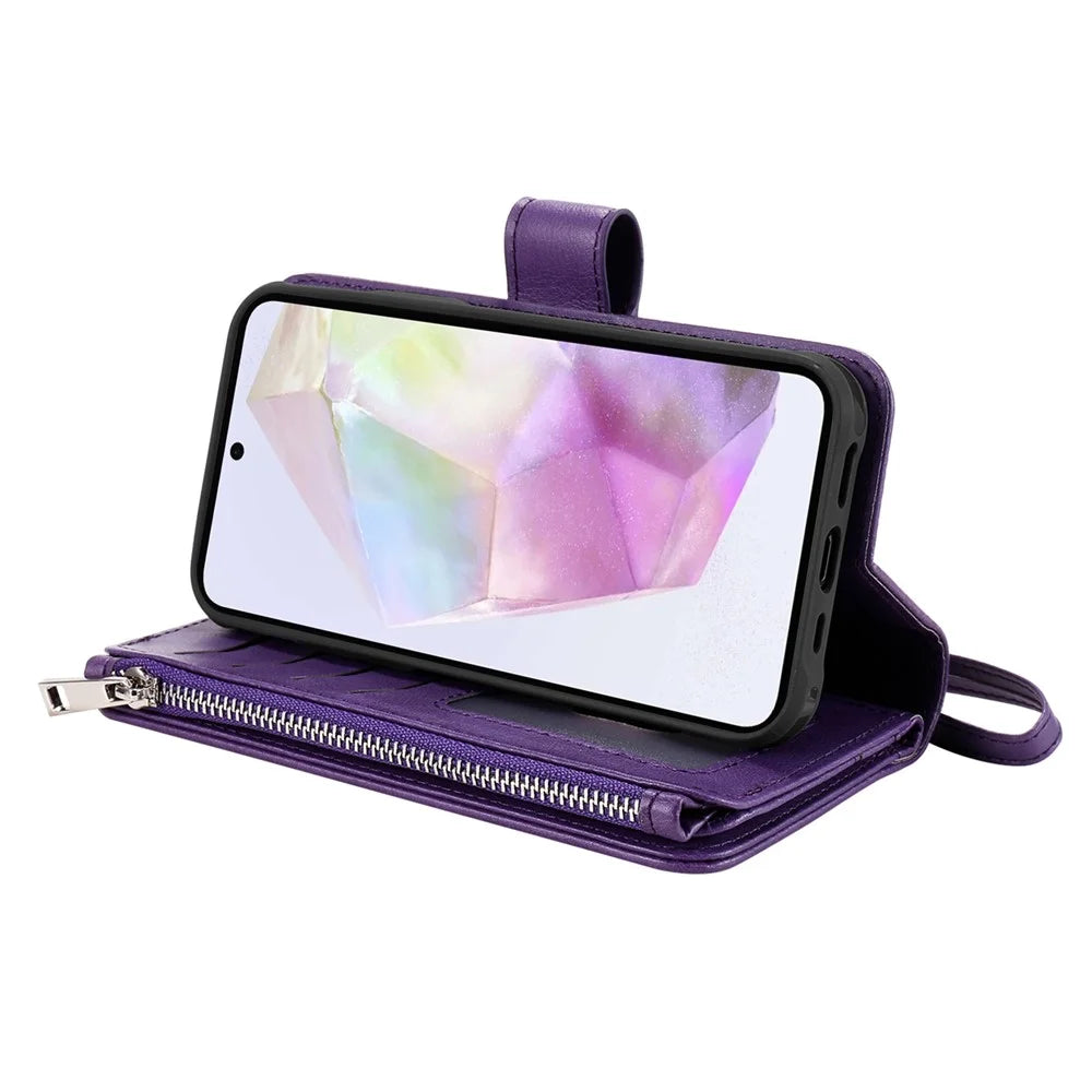 For Samsung Galaxy A35 5G Magnetic Leather Case Mobile Cover with Detachable Zipper Wallet Strap - Purple - 5
