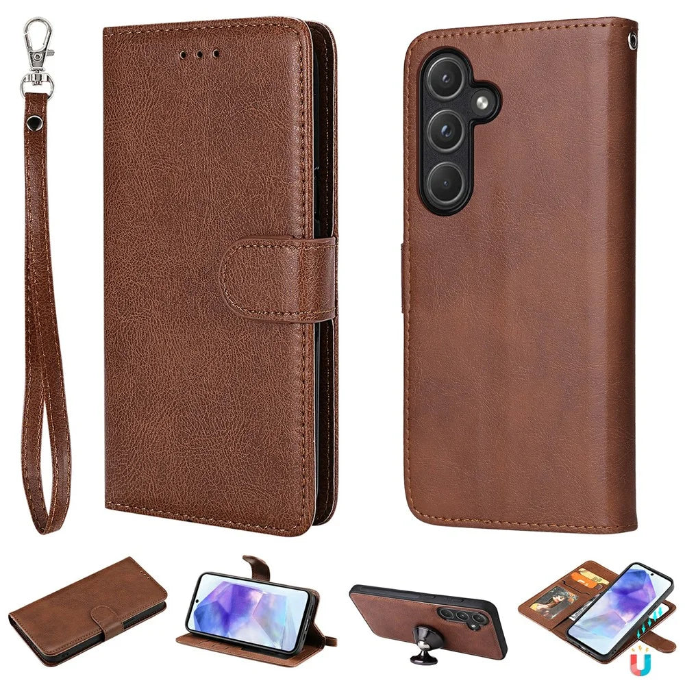 For Samsung Galaxy A55 5G Case 2 in 1 Detachable Magnetic Leather Wallet Mobile Cover with Strap - Brown - 1