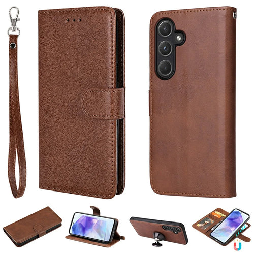For Samsung Galaxy A55 5G Case 2 in 1 Detachable Magnetic Leather Wallet Mobile Cover with Strap - Brown - 1