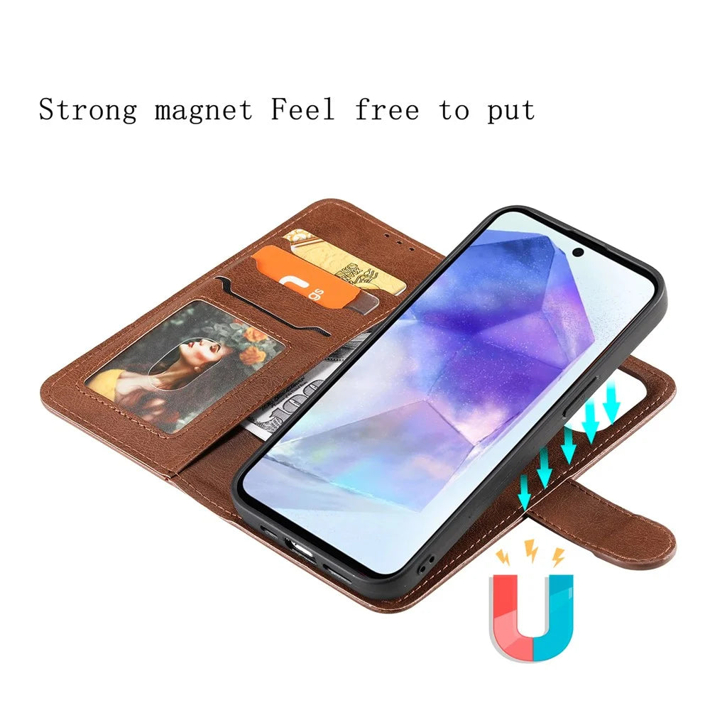 For Samsung Galaxy A55 5G Case 2 in 1 Detachable Magnetic Leather Wallet Mobile Cover with Strap - Brown - 6