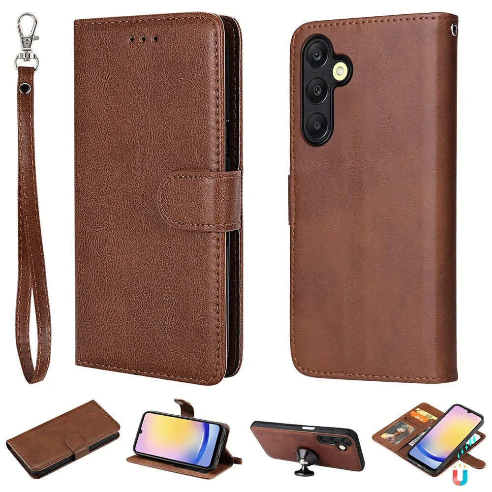 For Samsung Galaxy A25 5G (Global) (161.0 x 76.5 x 8.3mm) Case 2 in 1 Detachable Magnetic Leather Wallet Mobile Cover with Strap - Brown - 1