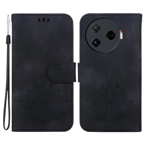 For TECNO Camon 30 Pro 5G Wallet Case Lotus Imprint Leather Phone Cover - Black - 1