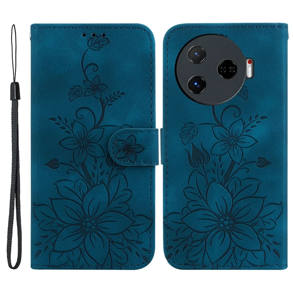 For TECNO Camon 30 Pro 5G Wallet Case Lily Imprint Anti-Scratch Leather Phone Cover - Dark Blue - 1
