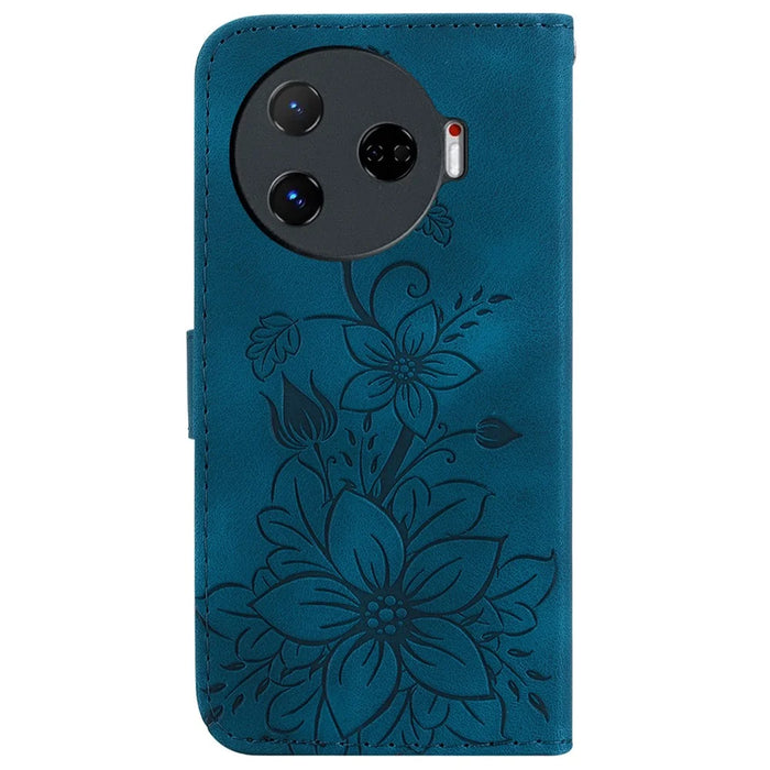 For TECNO Camon 30 Pro 5G Wallet Case Lily Imprint Anti-Scratch Leather Phone Cover - Dark Blue - 7