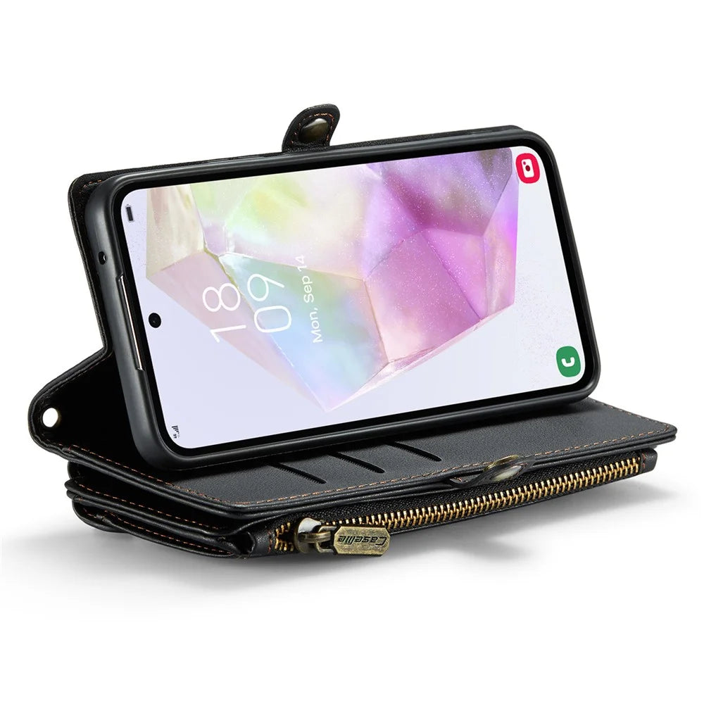 For Samsung Galaxy A35 5G Leather Case CASEME C36 Zipper Multiple Card Slots Phone Cover with Straps - Black - 3