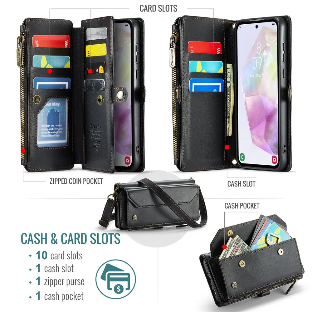 For Samsung Galaxy A35 5G Leather Case CASEME C36 Zipper Multiple Card Slots Phone Cover with Straps - Black - 4