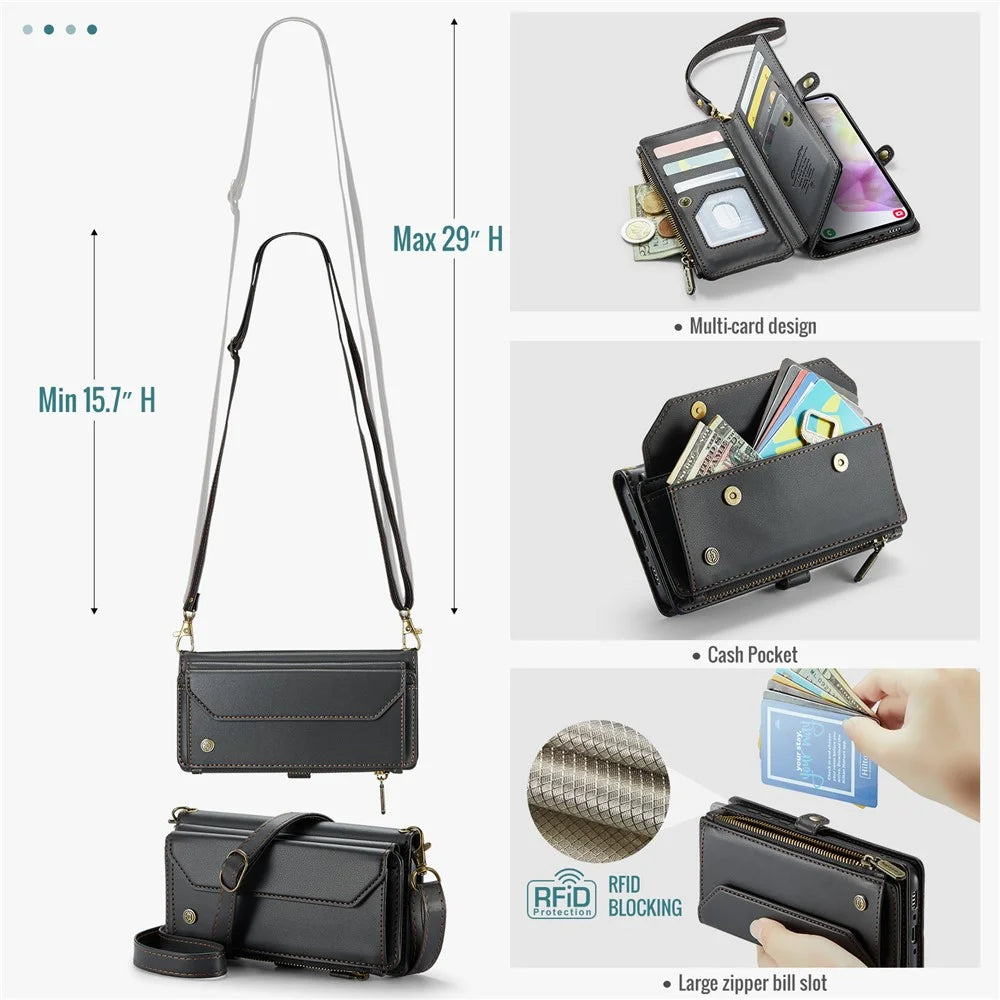 For Samsung Galaxy A35 5G Leather Case CASEME C36 Zipper Multiple Card Slots Phone Cover with Straps - Black - 6