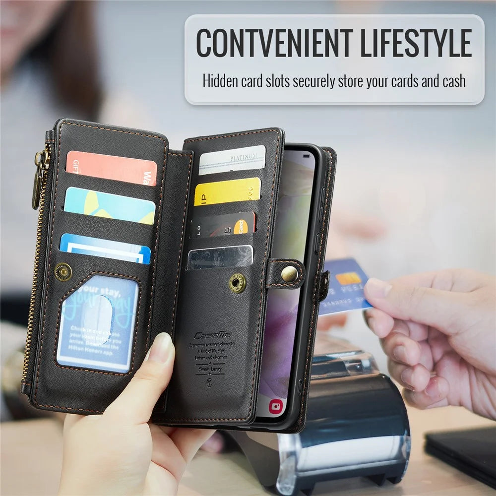 For Samsung Galaxy A35 5G Leather Case CASEME C36 Zipper Multiple Card Slots Phone Cover with Straps - Black - 7
