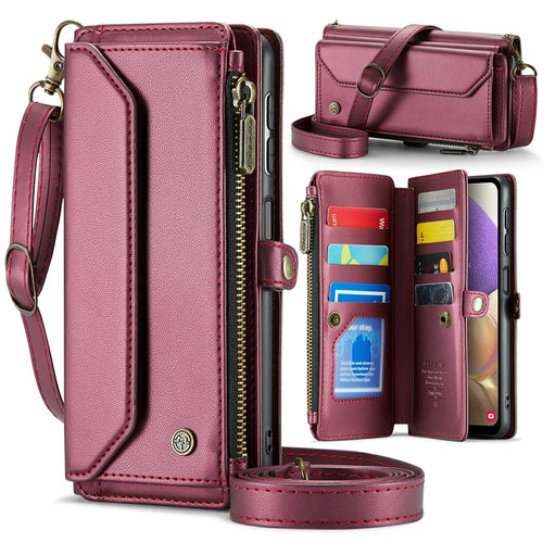For Samsung Galaxy A32 5G / M32 5G Leather Case CASEME C36 Zipper Multiple Card Slots Phone Cover with Straps - Wine Red - 1