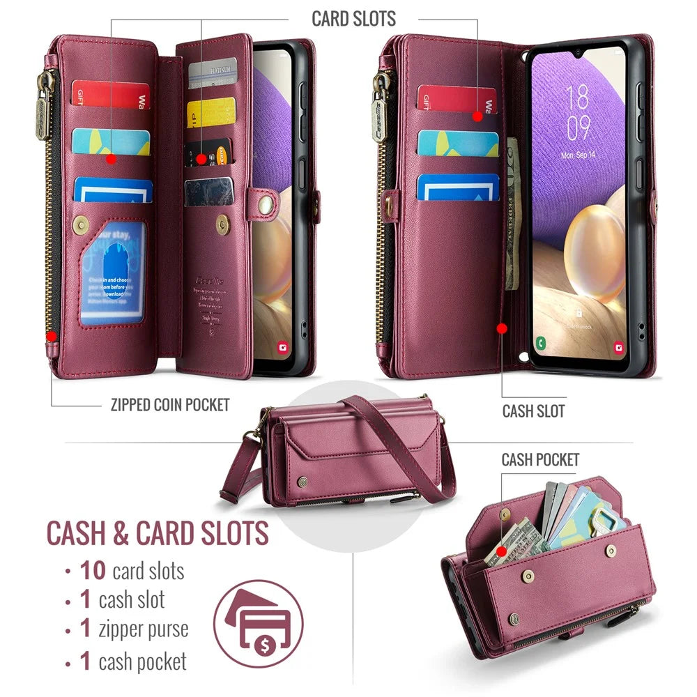 For Samsung Galaxy A32 5G / M32 5G Leather Case CASEME C36 Zipper Multiple Card Slots Phone Cover with Straps - Wine Red - 4