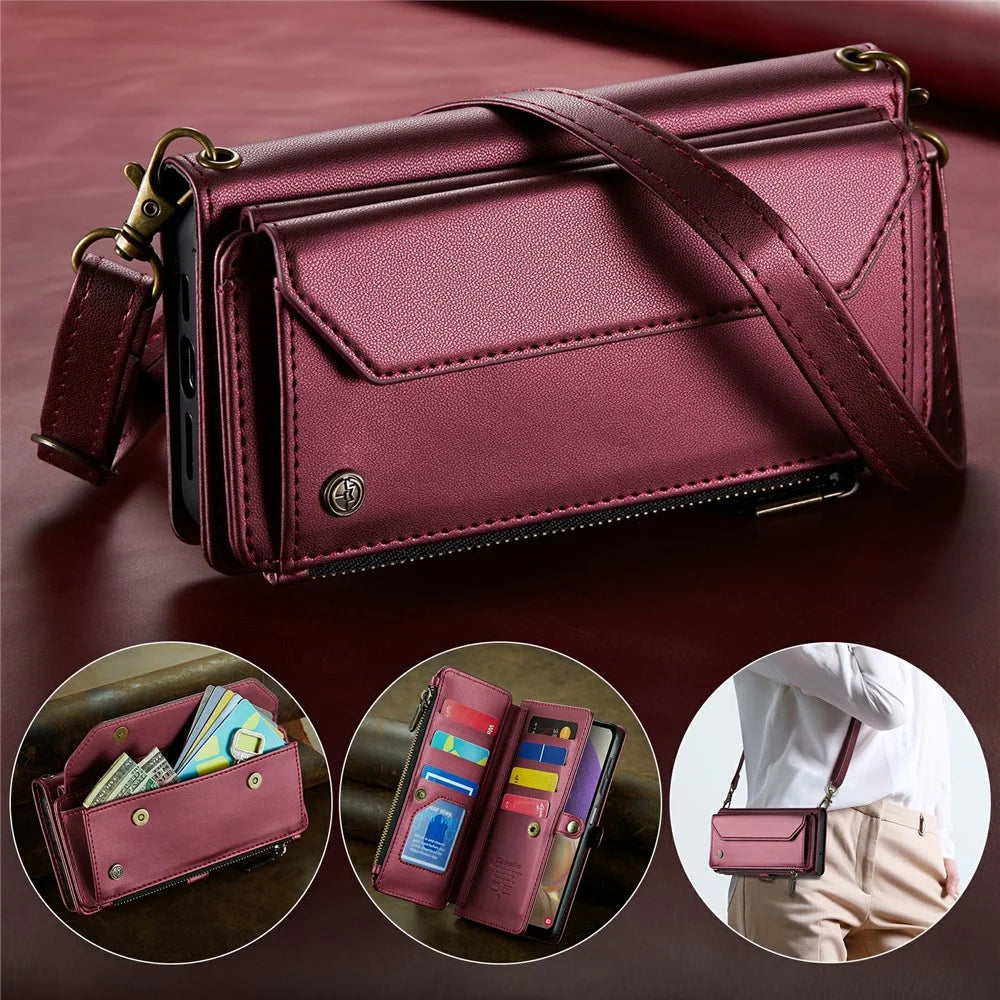 For Samsung Galaxy A32 5G / M32 5G Leather Case CASEME C36 Zipper Multiple Card Slots Phone Cover with Straps - Wine Red - 5